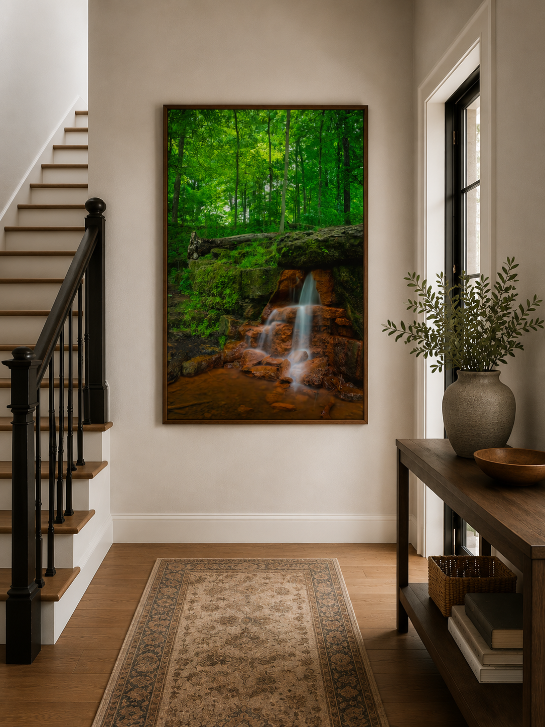 Clifton Gorge and Yellow Springs Ohio waterfall artwork in a modern home entryway by Dan Sproul